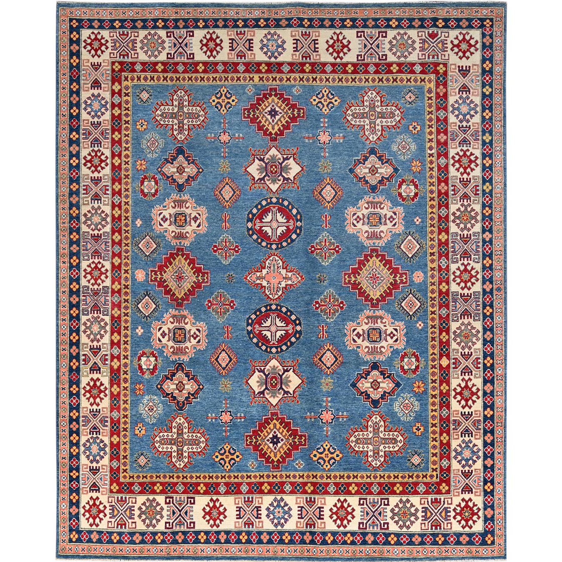 Quite Harbor Blue With Heavenly Pink Border, Hand Knotted Kazak Design With Tribal Medallions Organic Dyes, 100% Wool, Oriental Rug